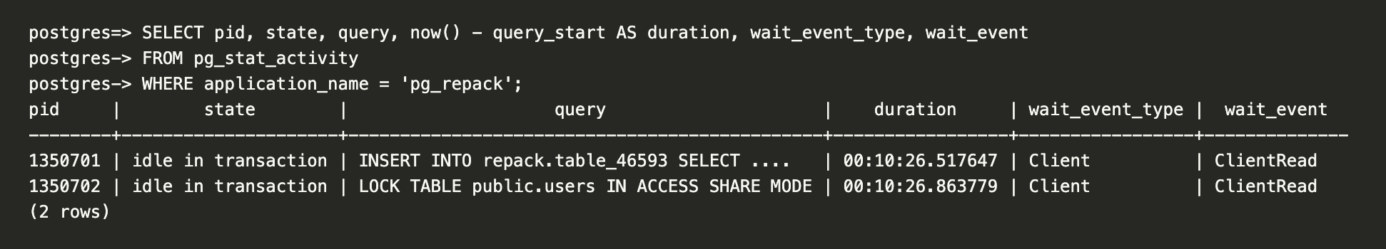 psql showing idle_in_transaction state